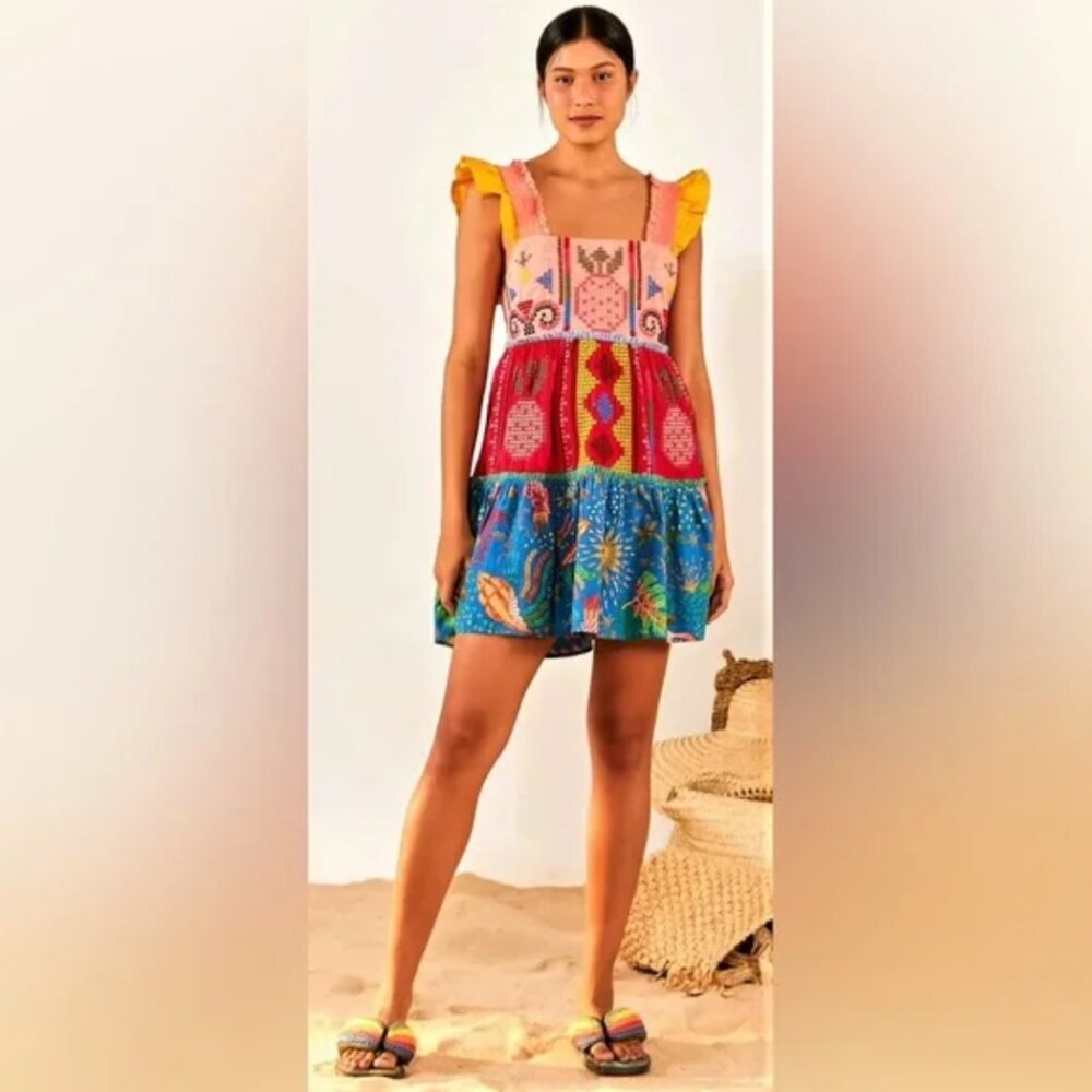 NWT Farm Rio Mini Dress Embroidered Ruffle Sleeve Colorful New Anthropologie